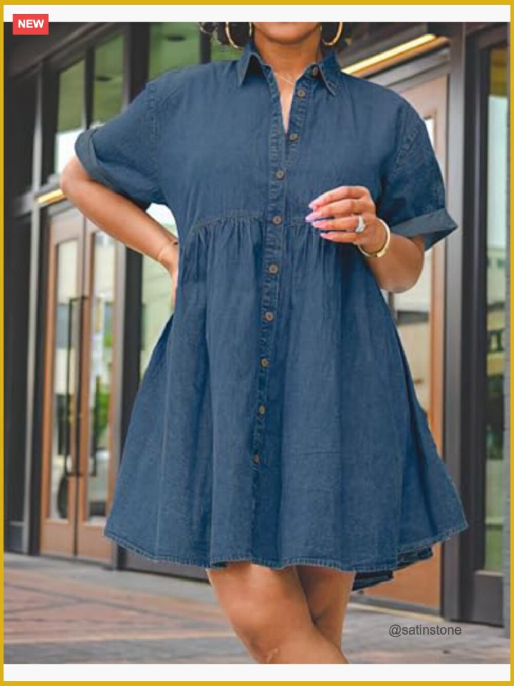 Button Down Ruffle Tiered Babydoll Jean Dress Swing Short Sleeve Cotton - Picture 5 of 7